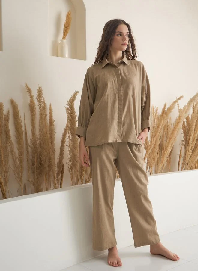 sanskrutihomes Women Beige Pure Cotton Shirt and Pyjama Set